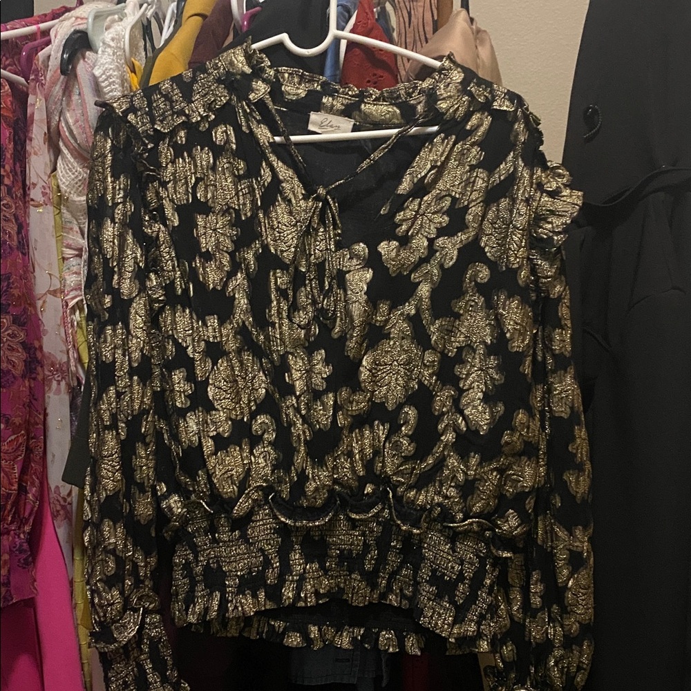 Elan Black and Gold Floral Blouse